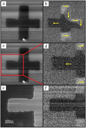 <i>Figure 7: a), c), e):&nbsp;</i> total electron yield registered in the spin detector (<i>a)+c): </i>SEM, <i>e): </i> SFEM) ;<i> b), d), f): </i>magnetic contrast of the same sample region <i>(b)+d): </i>SEMPA<i>; f):</i> SFEMPA). <i></i> &nbsp;